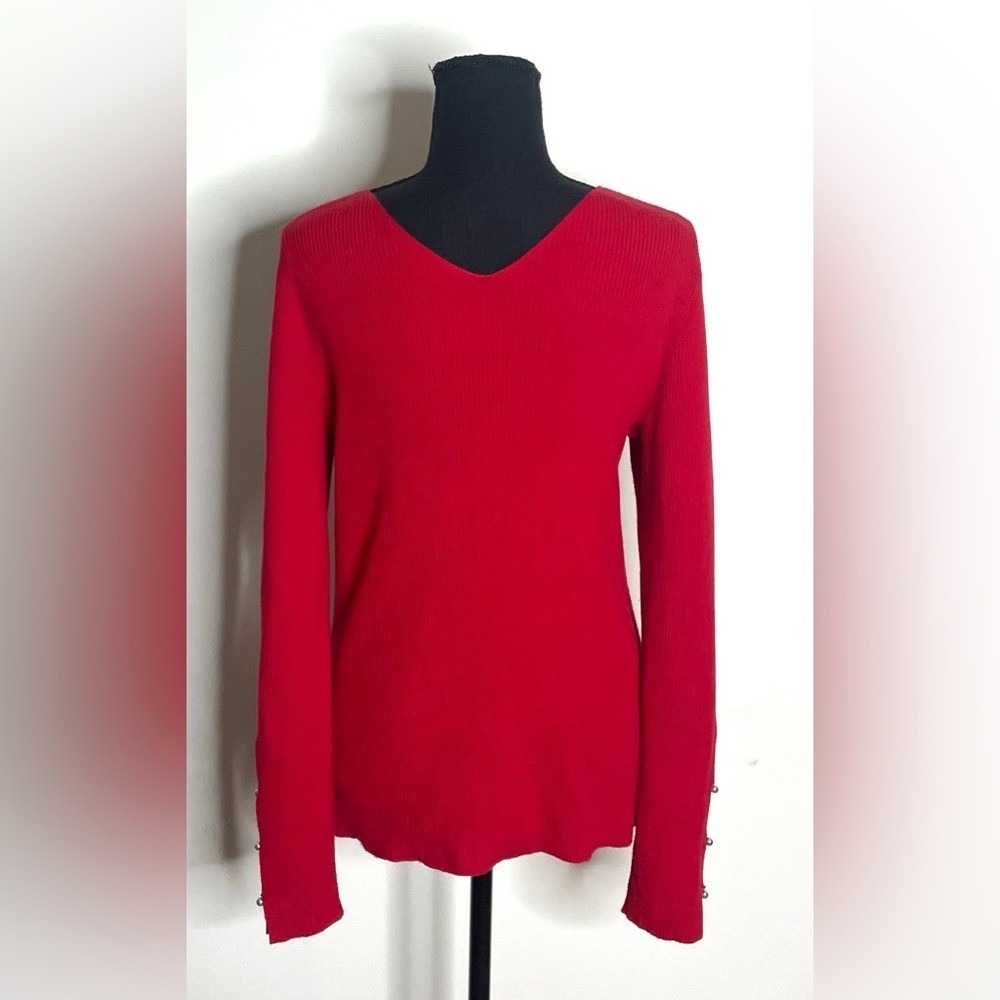 Ann Taylor- Bold‎ Red V-Neck Sweater with Pearls on the Sleeves Size L - Picture 5 of 10